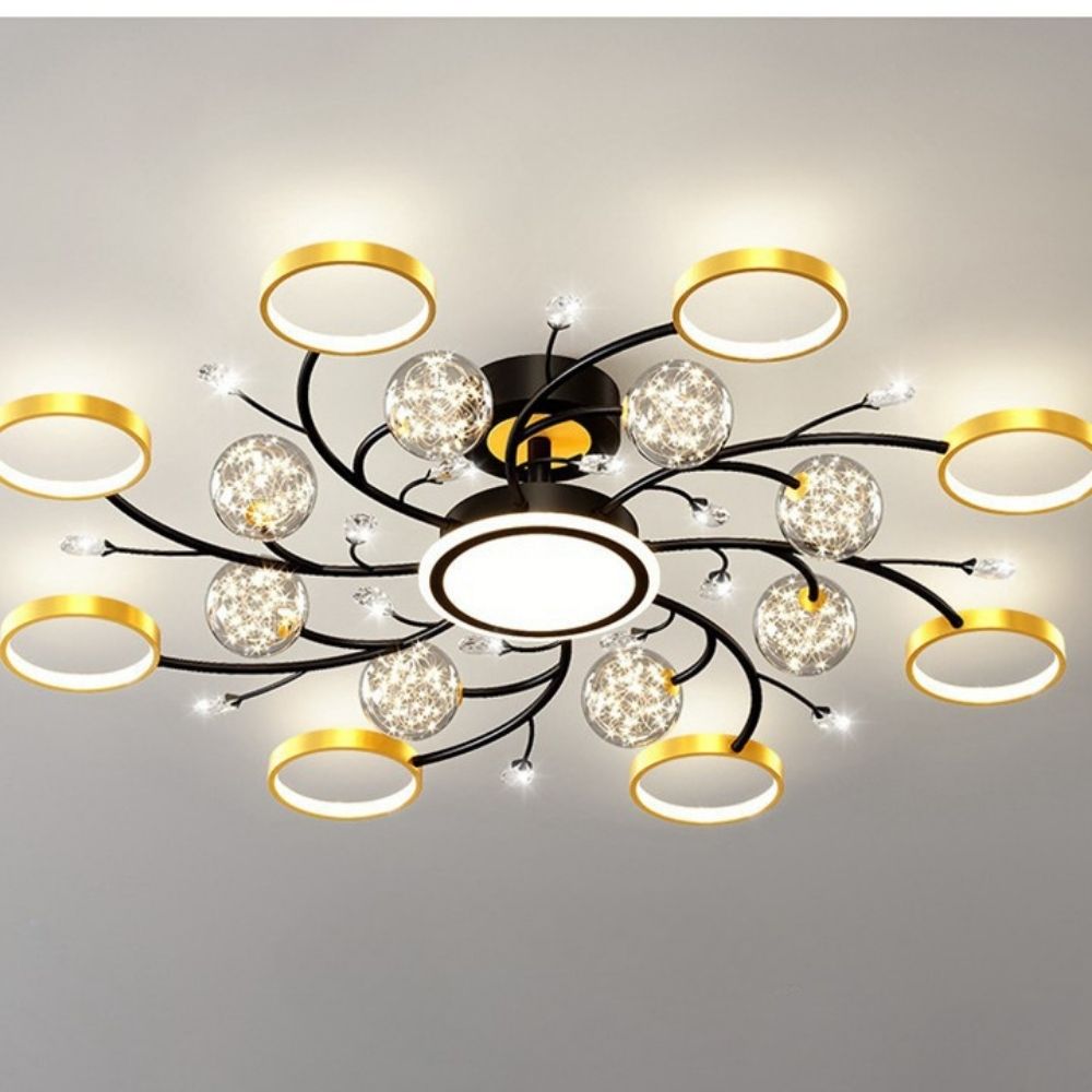 Lustre de fer peint avec des fleurs en verre