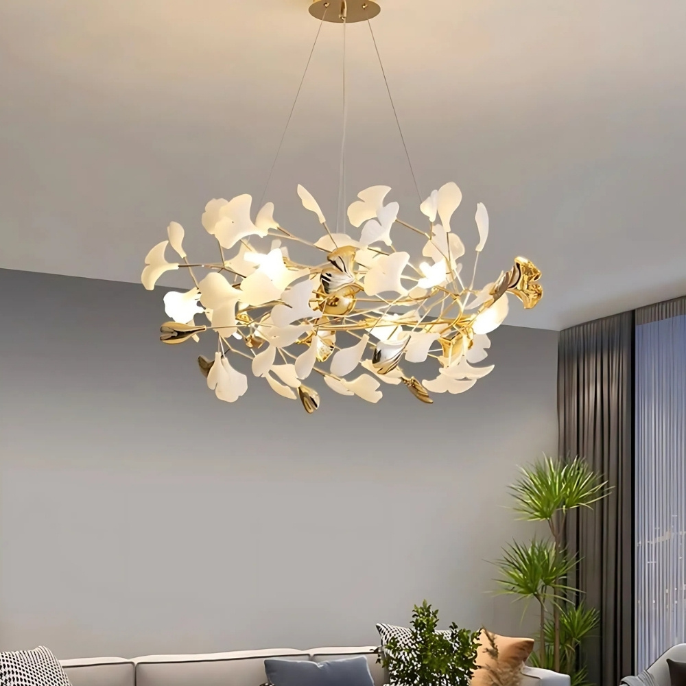 Lustre feuille au design nordique blanc et doré - vue de côté
