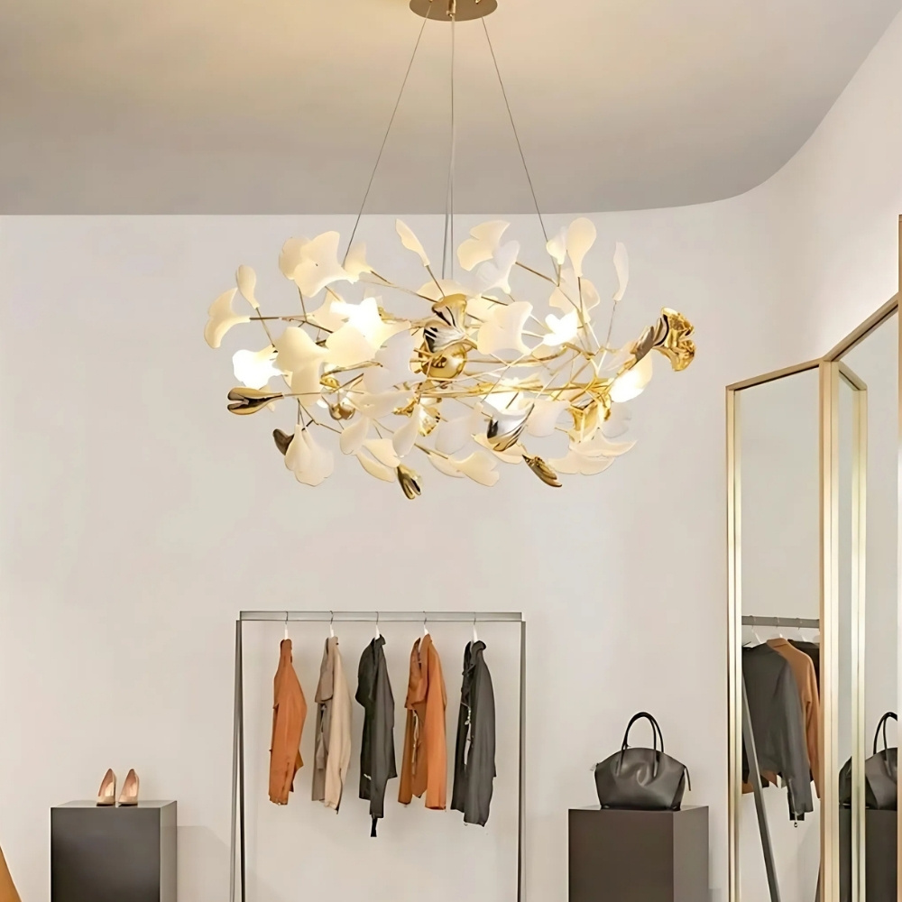 Lustre feuille au design nordique blanc et doré - vue de face