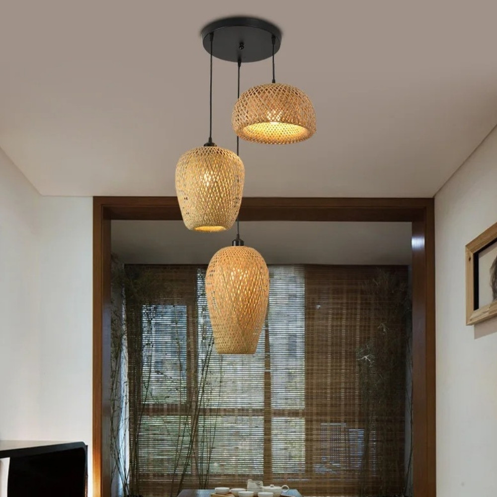 Suspension 3 lampes à LED en osier tissé à la main - vue de côté