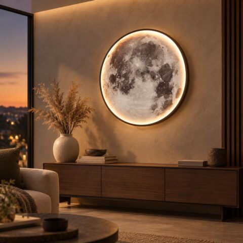 Applique murale intérieure ronde lunaire LED moderne dans un salon moderne.