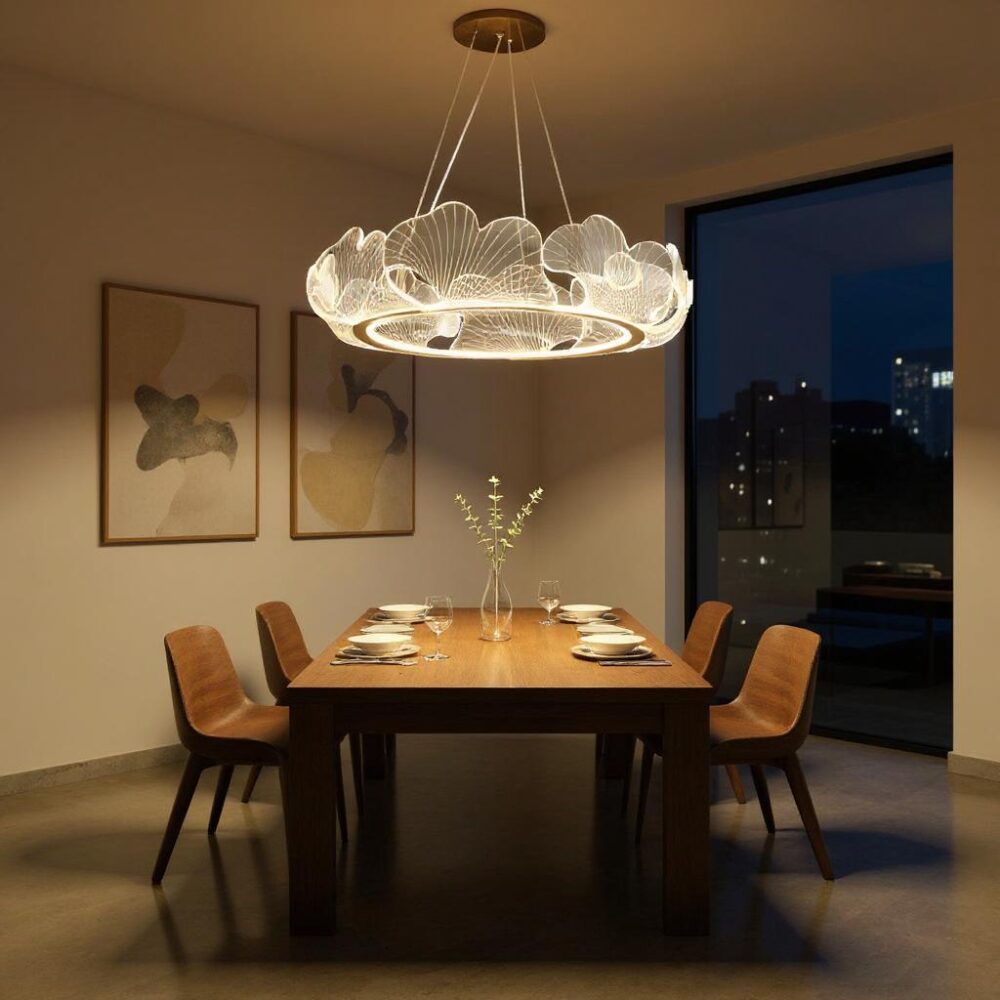 Lustre feuille géante et transparente au design nordique moderne et minimaliste - vue d'ensemble