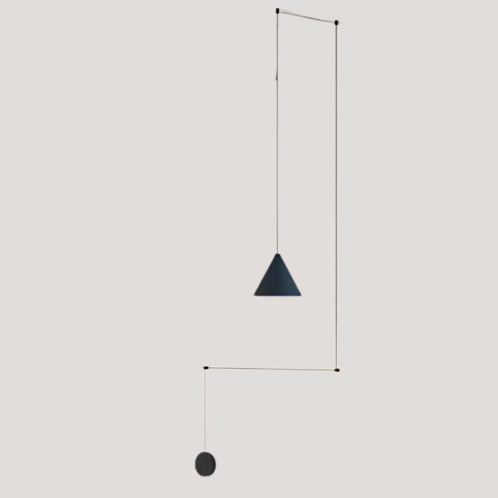 Suspension minimaliste moderne avec fil apparent décoratif présentée sur un mur gris