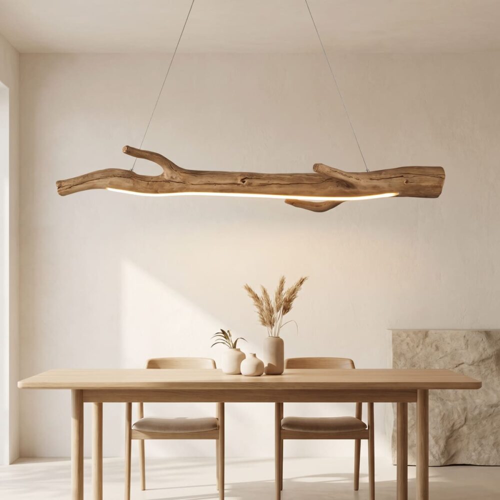 Lustre branche résine effet bois flotté avec bande LED