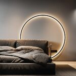 Applique mural tête de lit en forme de rond, de couleur noir, avec lumière autour du cercle, derrière un lit