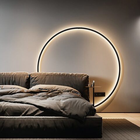 Applique mural tête de lit en forme de rond, de couleur noir, avec lumière autour du cercle, derrière un lit