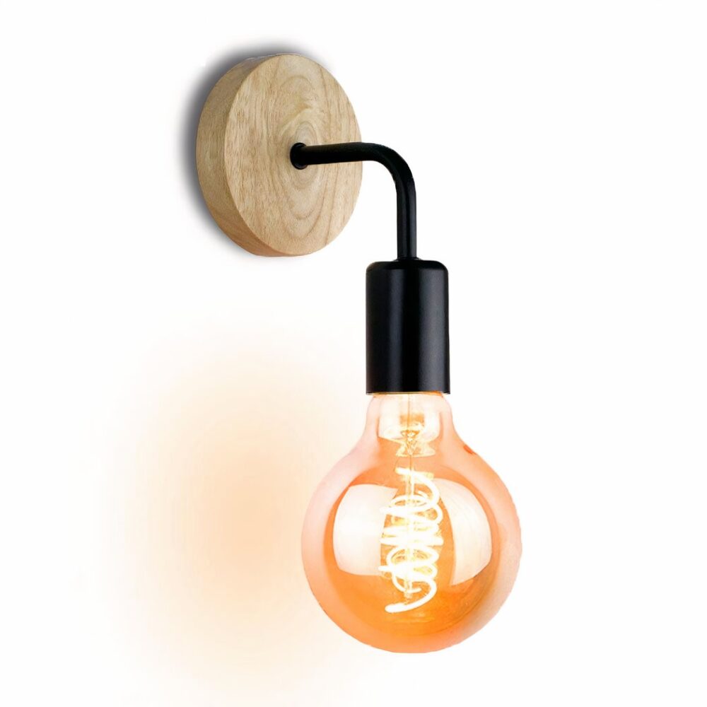 Applique murale ampoule armature en métal noir et le support rond est en bois avec une ampoule au bout