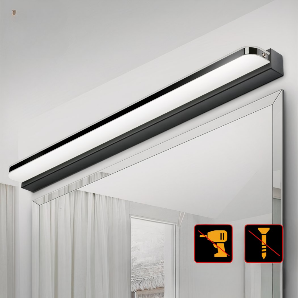 Applique murale salle de bain longue sans perforation - Gris Applique murale salle de bain longue sans perforation noire présentée installée au dessus d'un miroir