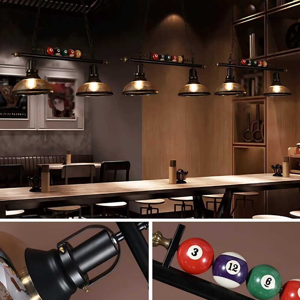 Lustre billard industriel au design rétro à deux têtes - vue de face