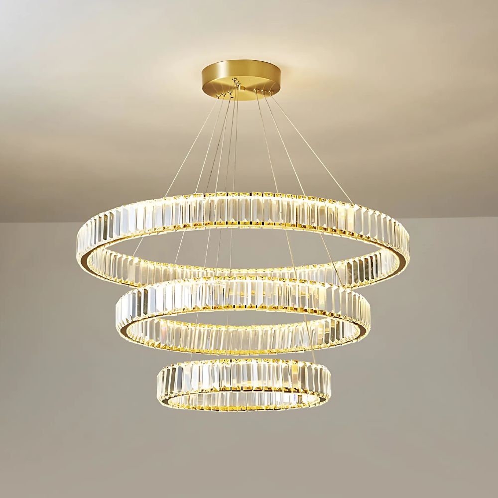 Grand lustre LED circulaire en cristal chromé or