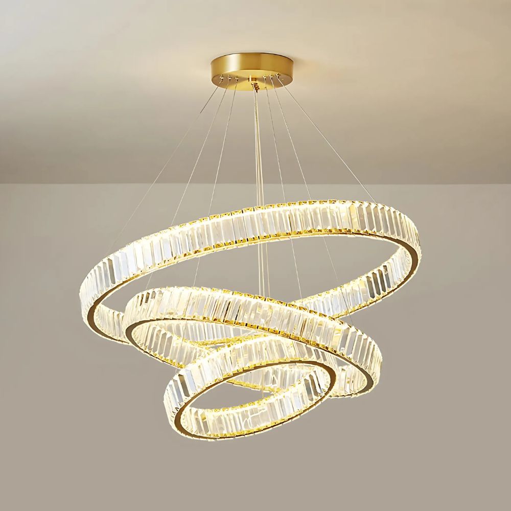 Grand lustre LED circulaire en cristal chromé or - ambiance éteinte