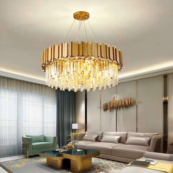 Lustre à pampille doré de luxe en cristal • Luminaires Tendance