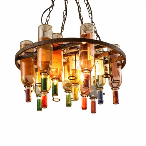 Lustre suspendu en métal de forme ronde, porte-bouteille, avec des ampoules. Sur un fond blanc.