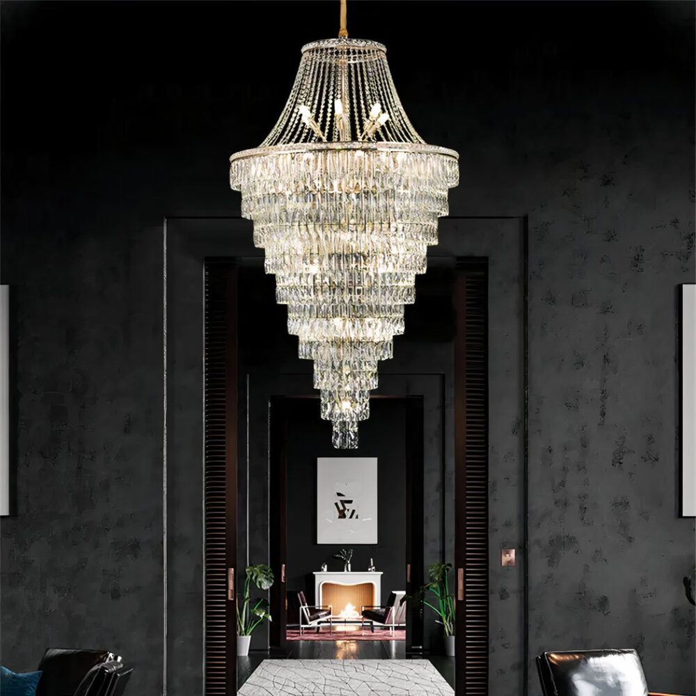 Lustre design en cristal grand format à étage — vue arrière