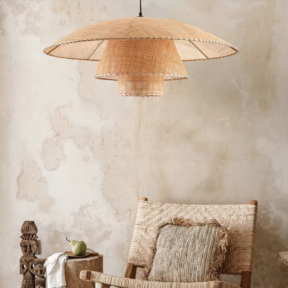 Lustre en rotin au design rétro vintage - vue de face