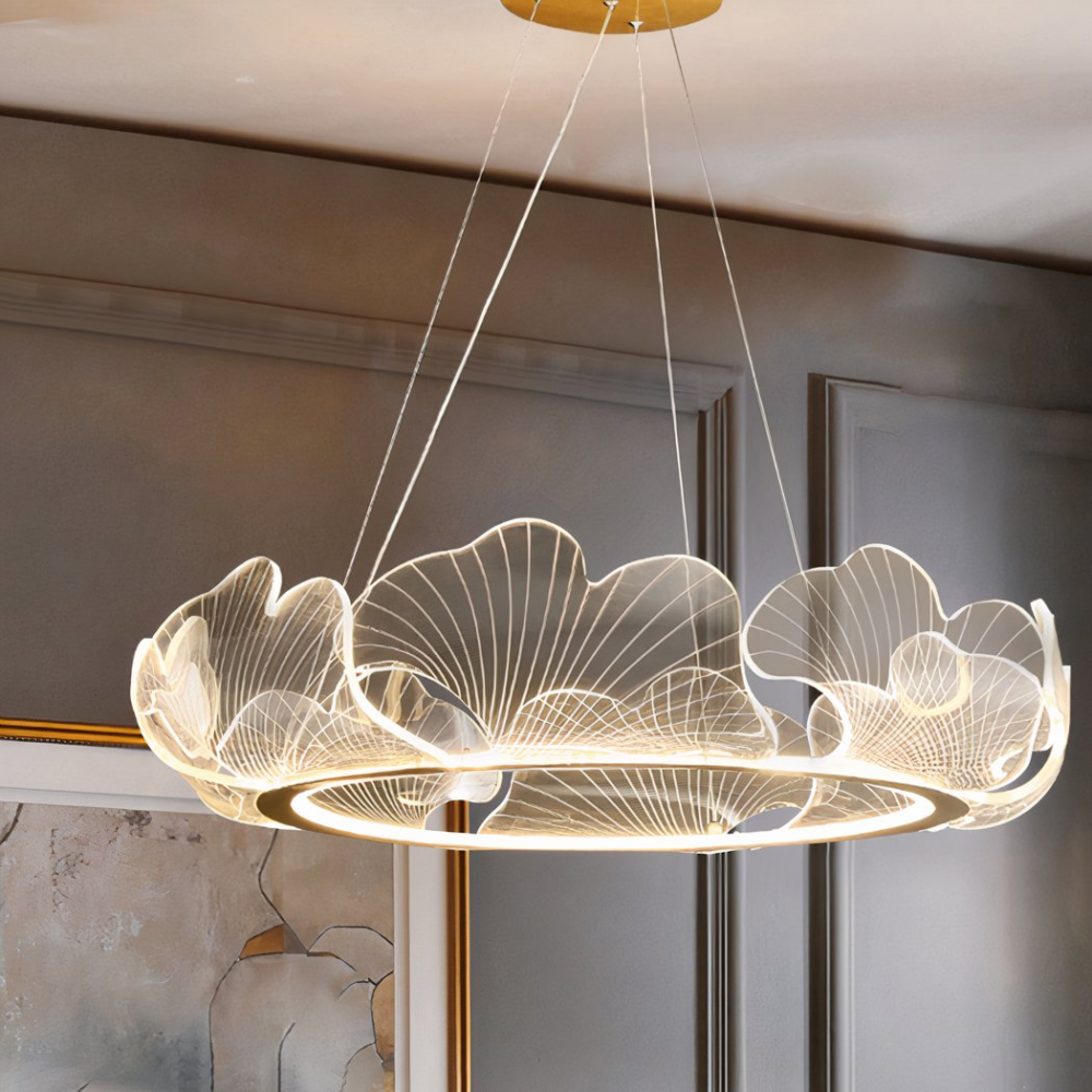 Lustre feuille géante et transparente au design nordique moderne et minimaliste Lustre feuille géante et transparente au design nordique moderne et minimaliste