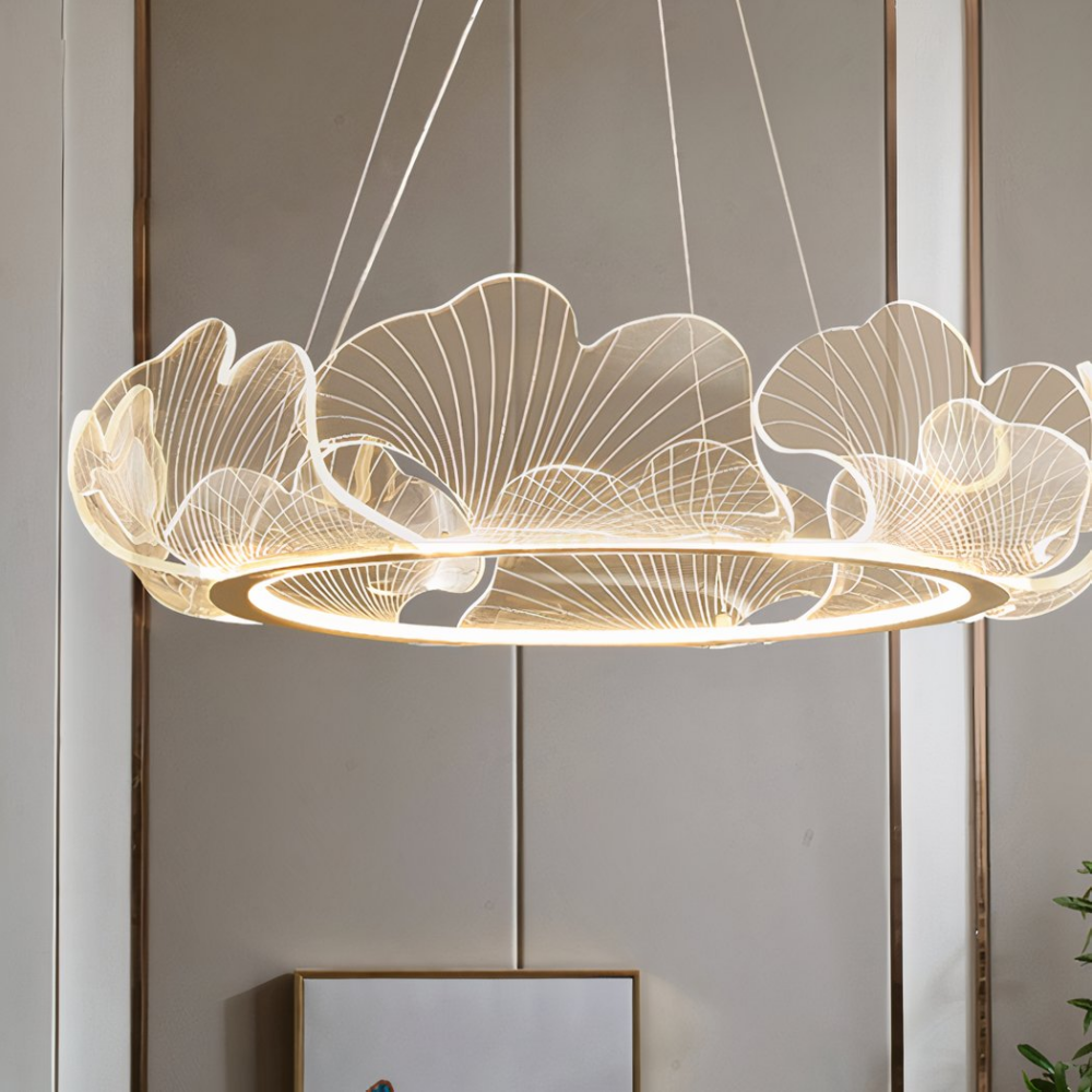 Lustre feuille géante et transparente au design nordique moderne et minimaliste - vue de face