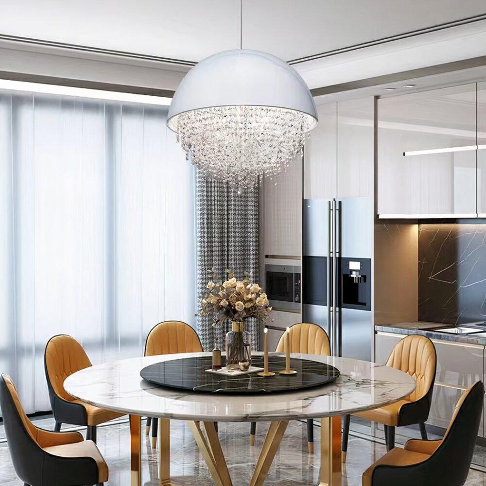 Lustre globe LED suspendu flamboyant - ambiance allumée
