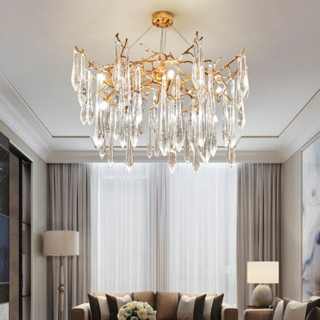 Lustre goutte d'eau dorée en cristal au design moderne • Luminaires ...