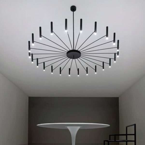 Lustre moderne LED effet flottante moderne au design nordique dans une salle à manger minimaliste