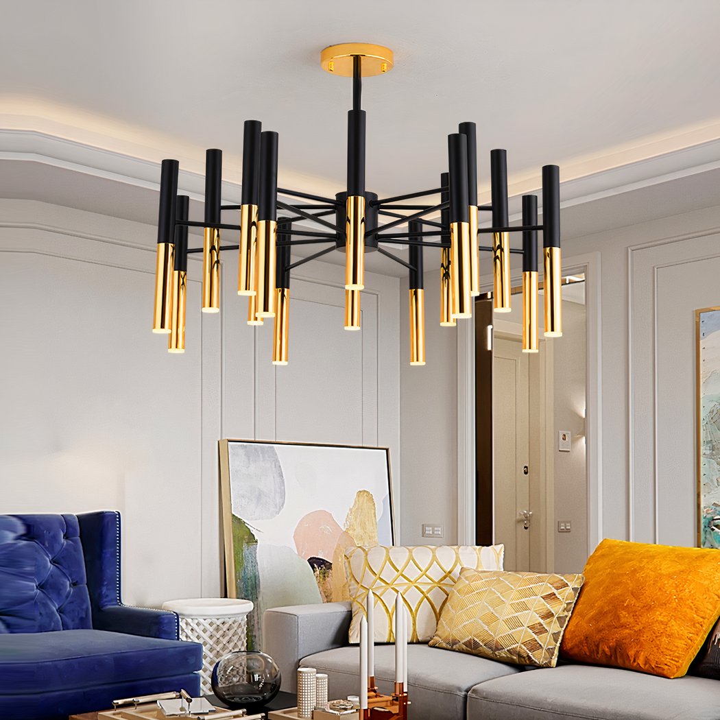 lustre moderne LED tube noir et doré dans un salon moderne au dessus de canapé avec des couleurs vives