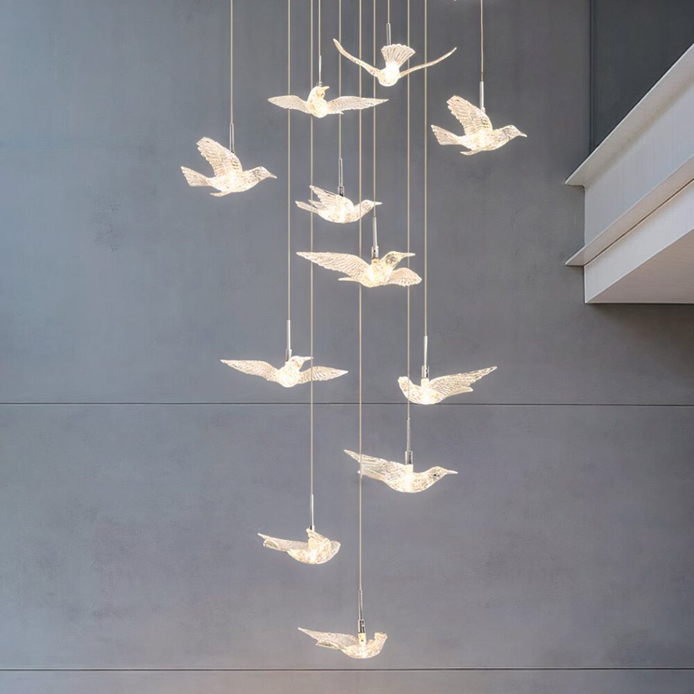 Lustre oiseaux LED pendant blanc - vue de côté