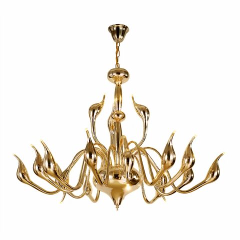 Sur un fond blanc on voit un lustre oriental aux arabesques majestueuses doré.