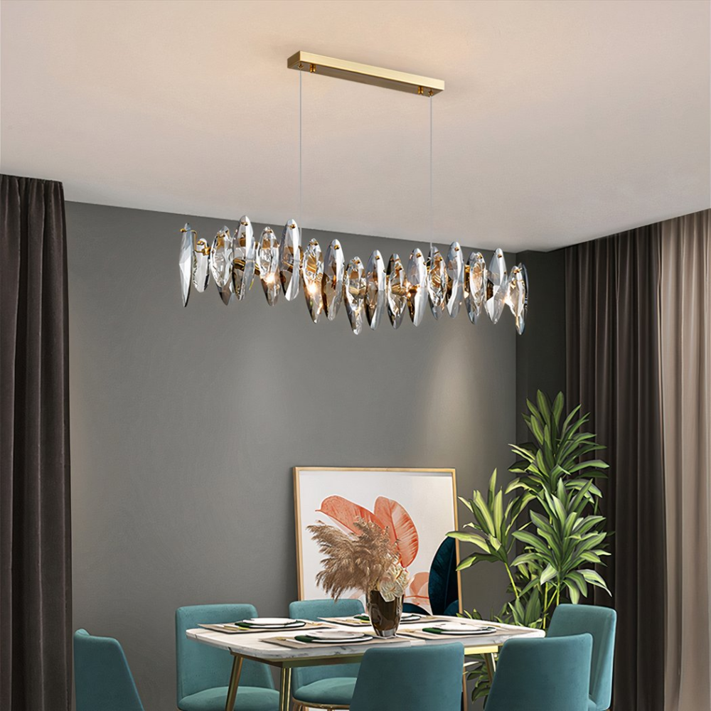 Lustre salle à manger moderne en cristal et acier inoxydable - vue de face