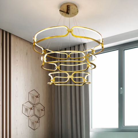 Lustre scandinave circulaire à étages LED dans un salon vert