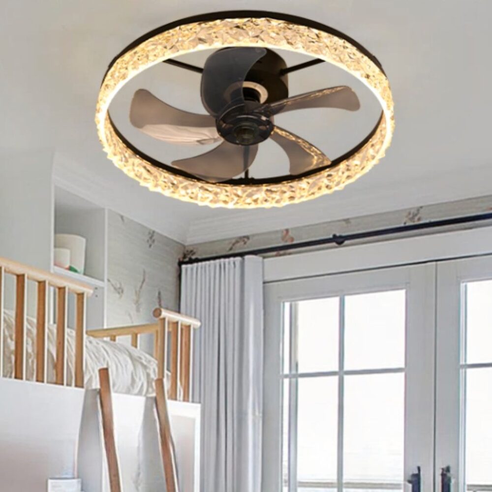 Lustre ventilateur avec luminaire LED décoration diamant - vue de côté