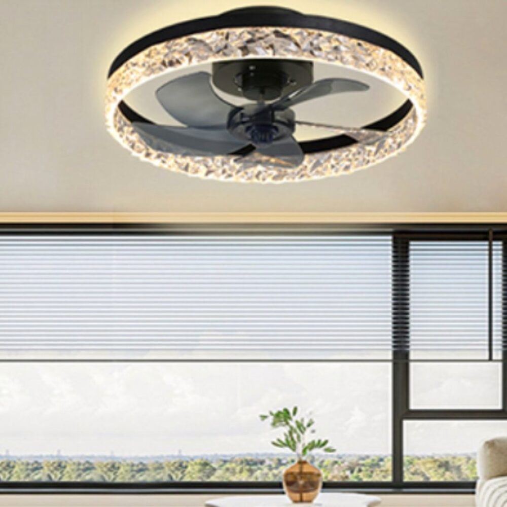 Lustre ventilateur avec luminaire LED décoration diamant - vue de face