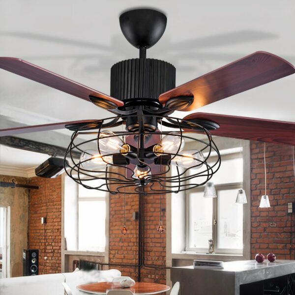 Lustre ventilateur en métal rétro style loft dans une cuisine ambiance loft