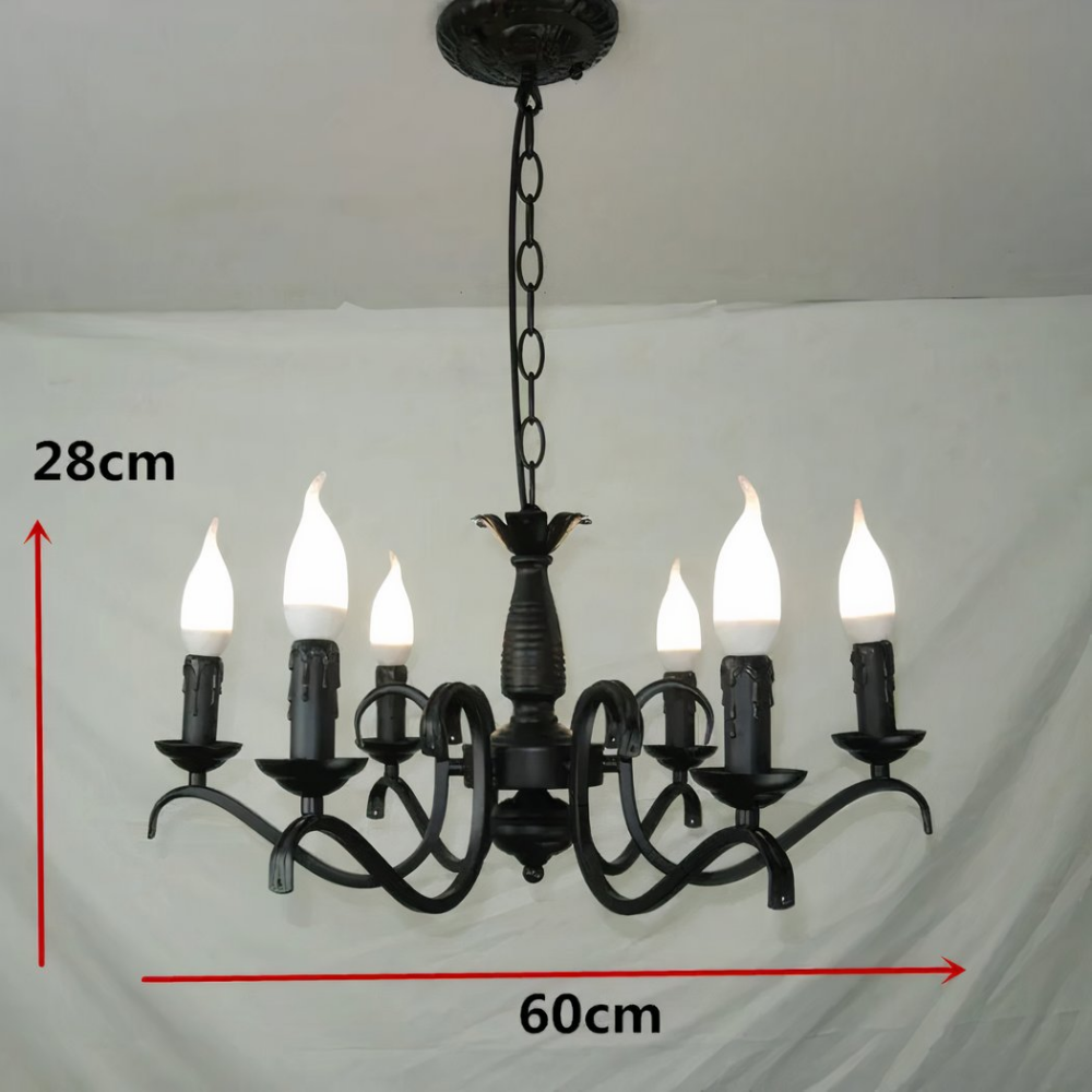 Lustre vintage en fer forgé noir effet chandelier - vue de face