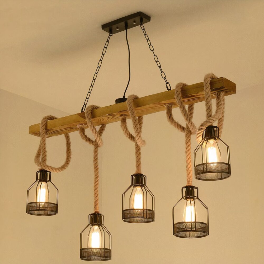 Suspension corde avec lanternes de style vintage sur fond beige