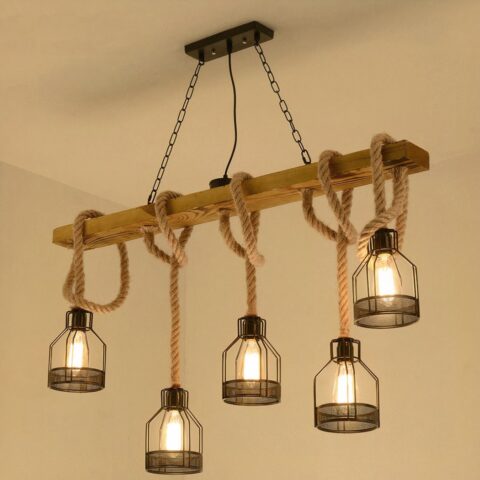 Suspension corde avec lanternes de style vintage sur fond beige