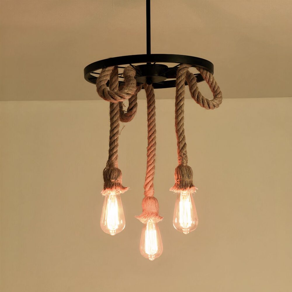 Suspension corde LED au design vintage sur fond beige