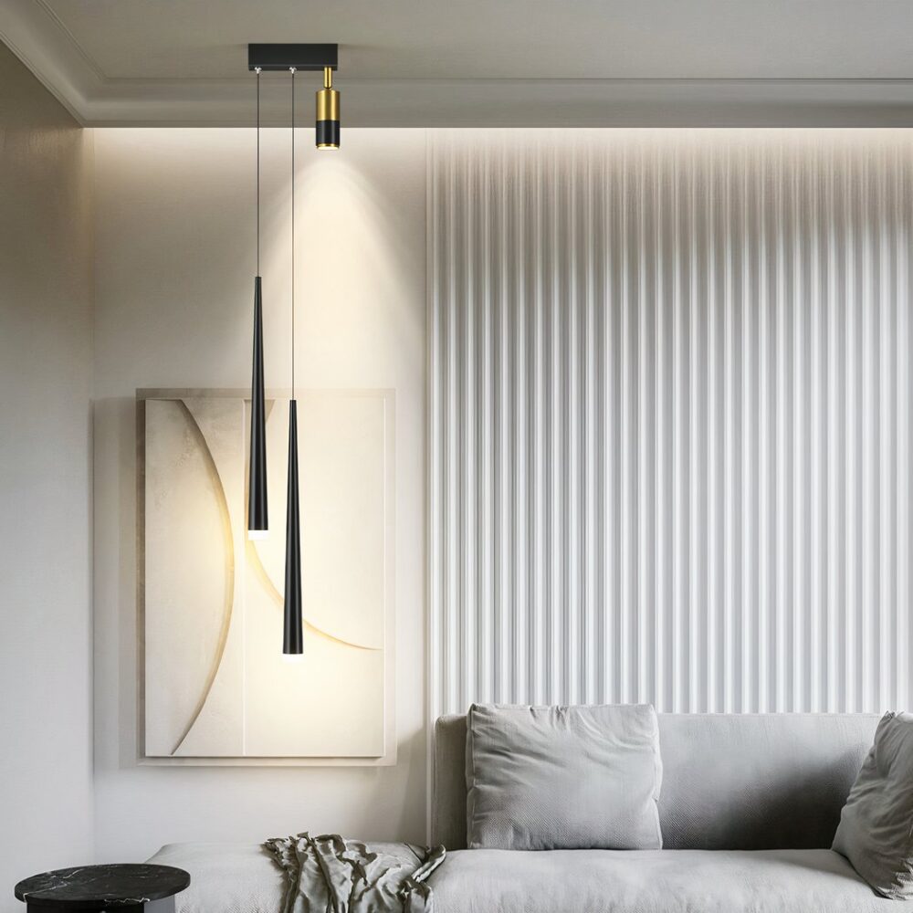 suspension de salon moderne luxueuse noir dans un salon aux tons gris