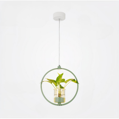 Suspension plante avec lampe cercle LED et vase — détail de finition