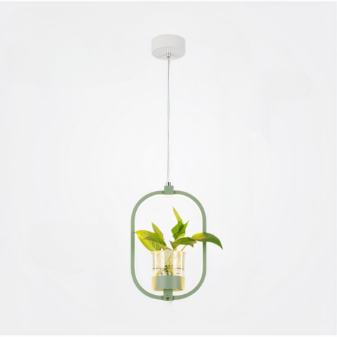Suspension plante avec lampe ovale LED et vase - vue de côté