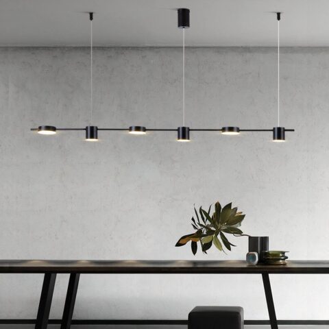 Suspension salle à manger au design moderne à six têtes sur fond gris