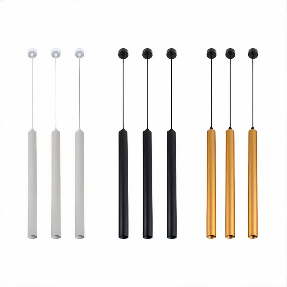 Suspension tube moderne pour intérieur présentée dans les 3 couleurs disponibles sur fond blanc