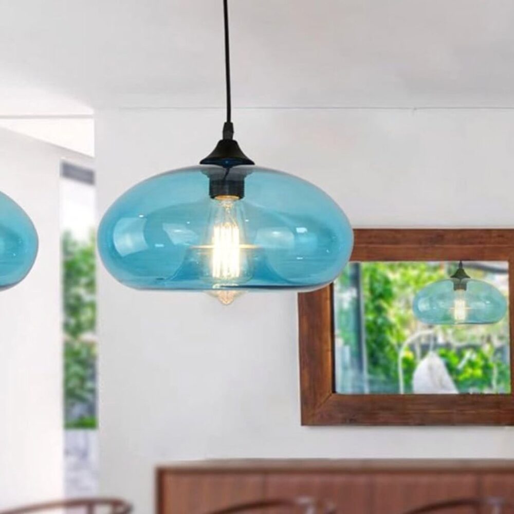 Suspension verre soufflé bleu design rétro créatif