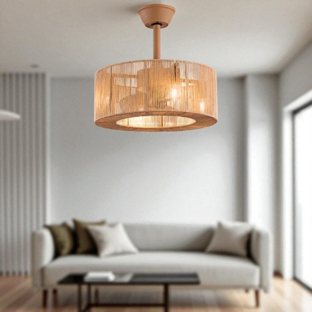 Lustre ventilateur de plafond lanterne en corde tressée - vue d'ensemble