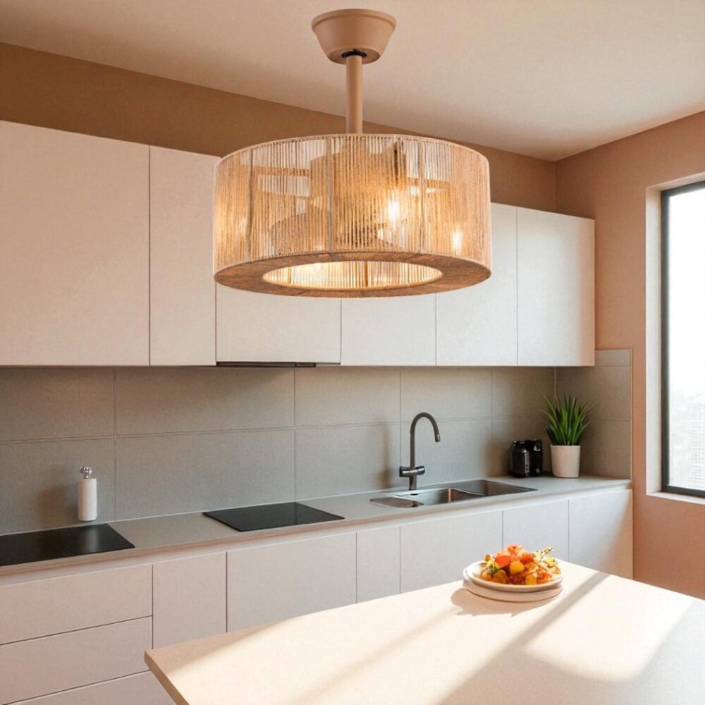 Lustre ventilateur de plafond lanterne en corde tressée - détail