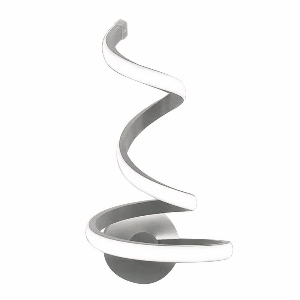 Applique murale blanche, moderne et minimaliste, en forme de spirale. Avec bande LED allumée. Sur un fond blanc.