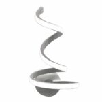 Applique murale blanche, moderne et minimaliste, en forme de spirale. Avec bande LED allumée. Sur un fond blanc.