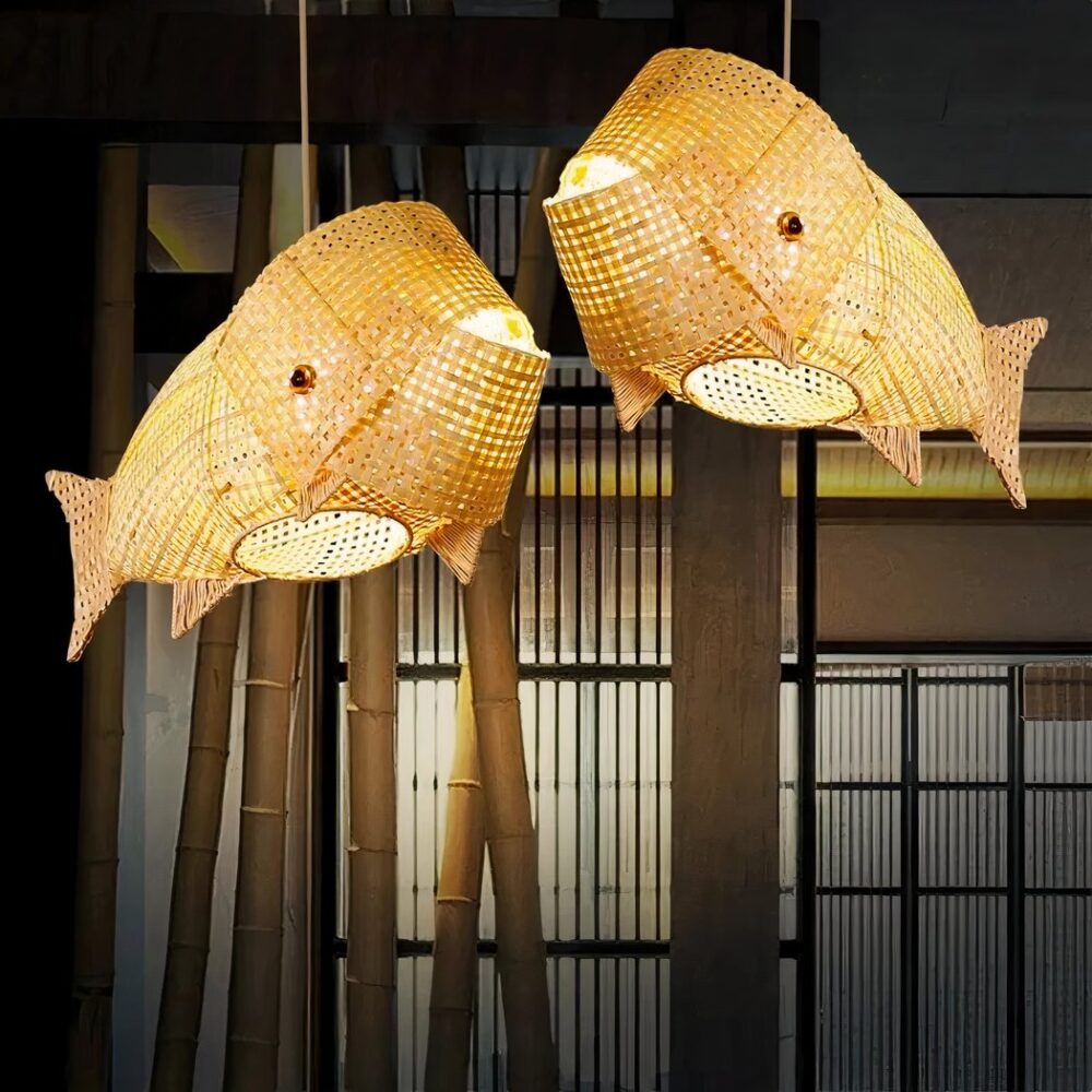Lustre bambou en forme de poisson - vue de côté