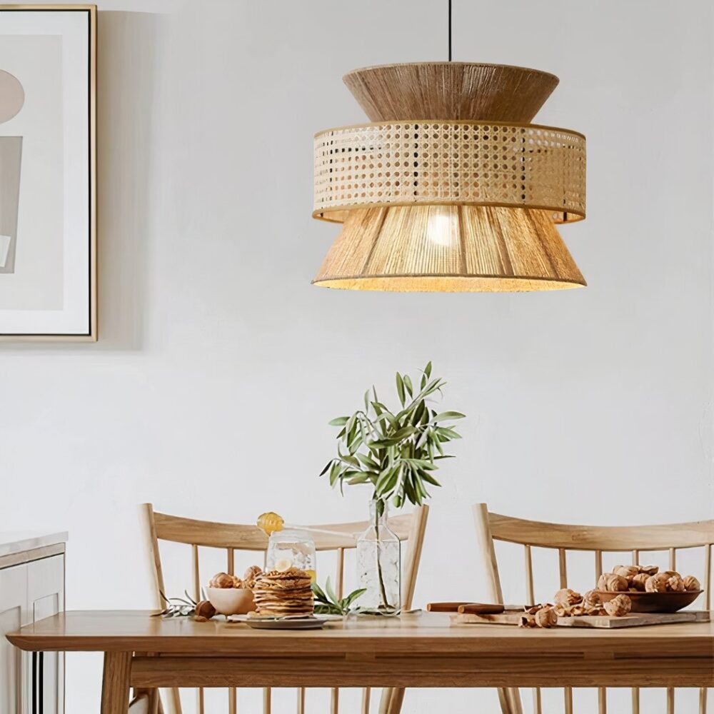 Lustre cannage et corde de chanvre LED suspendu