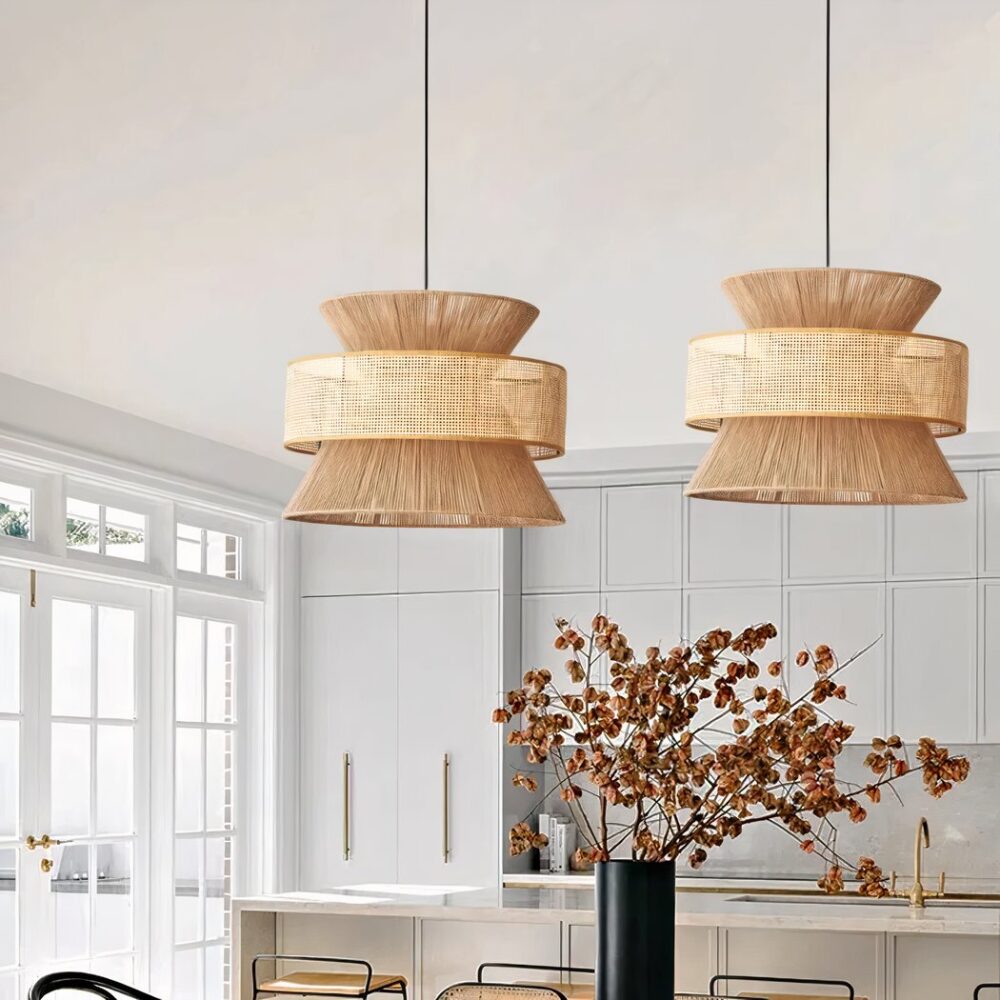Lustre cannage et corde de chanvre LED suspendu - vue de face
