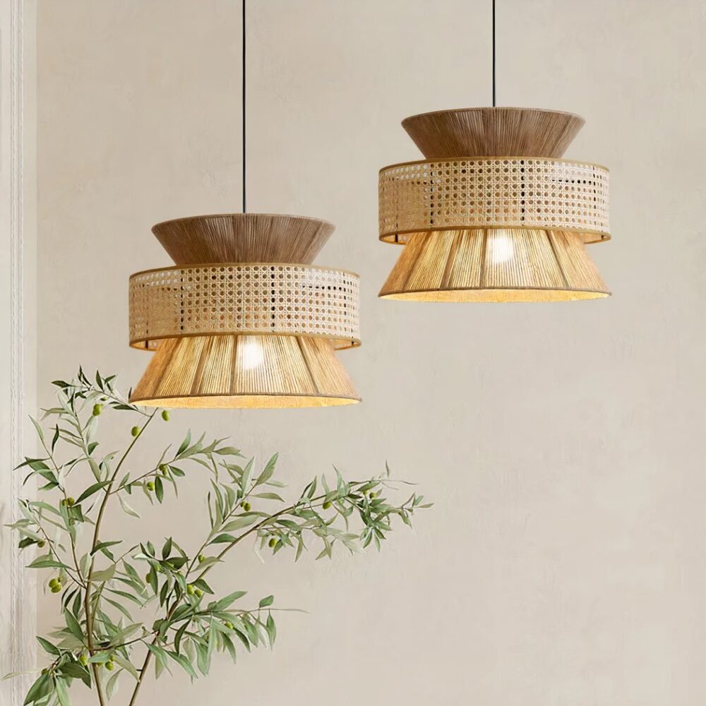 Lustre cannage et corde de chanvre LED suspendu - vue d'ensemble
